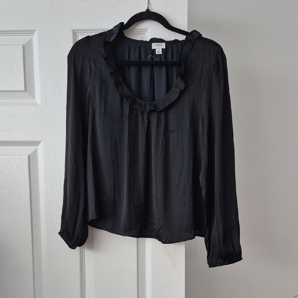 J.Crew Black Ruffle Neck Blouse – Size M | Elegant, Lightweight, Long Sleeve